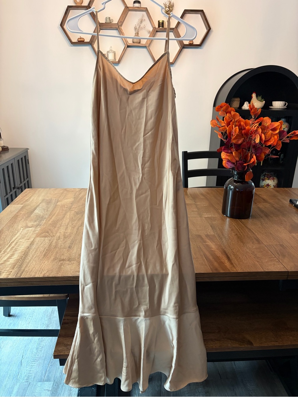 Champagne Satin Maxi Slip Dress with Flounce Hem